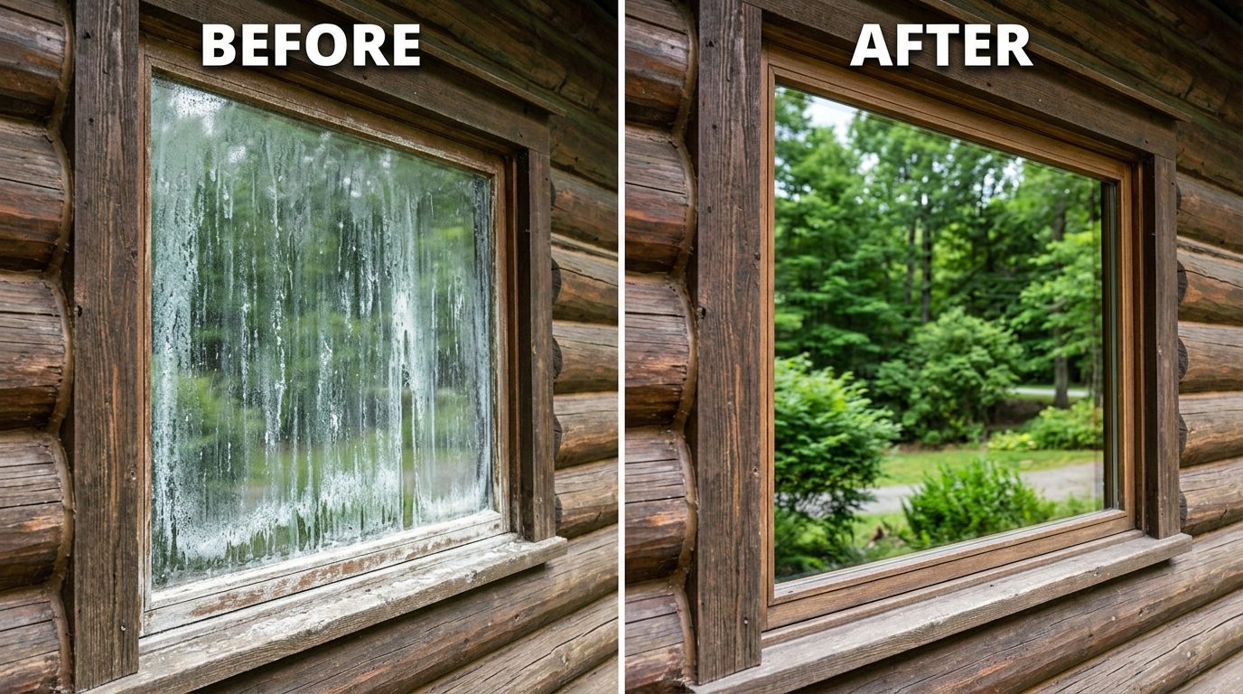 Before and after hard water stain removal on a log cabin window by McCoy's Window Cleaning