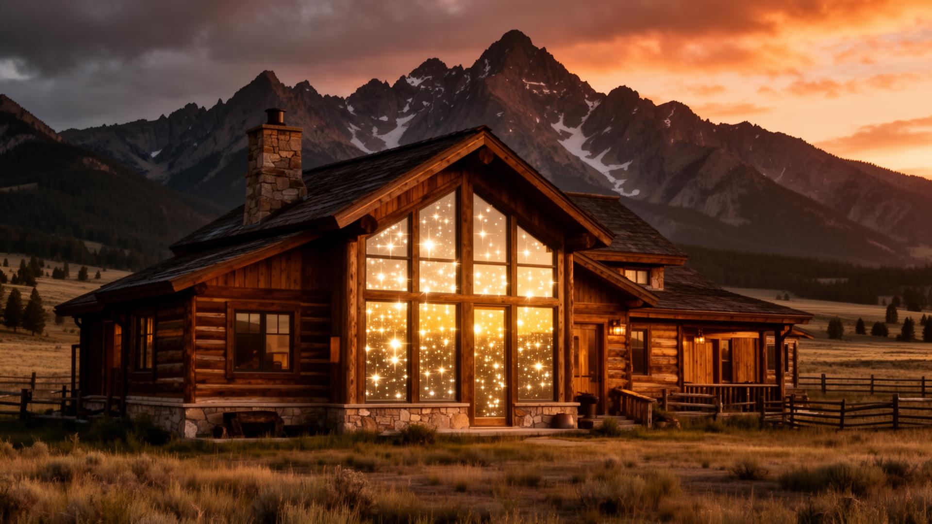 Montana ranch home with sparkling windows at sunset